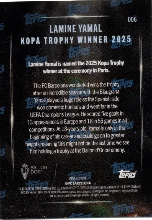 2025 Topps Now Lamine Yamal #006 Image Variation Kopa Trophy Winner Soccer Card