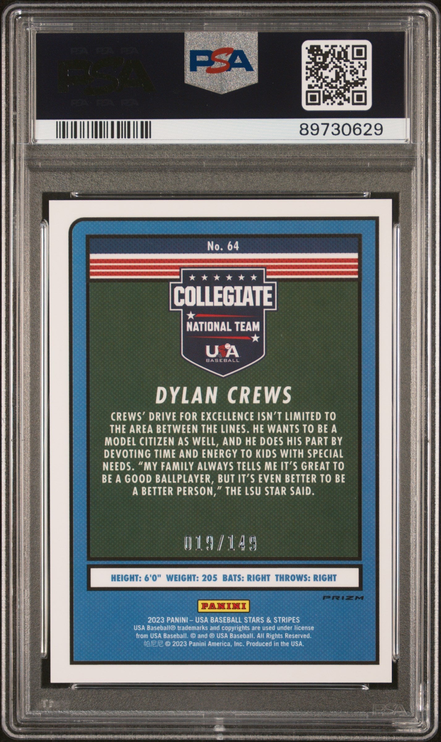 Graded 2023 Panini Stars & Stripes USA Dylan Crews #64 Red #/149 Rookie RC Baseball Card PSA 10 Gem Mint