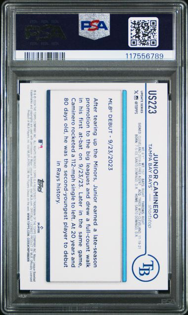 Graded 2024 Topps Update Junior Caminero #US223 Royal Blue Rookie RC Baseball Card PSA 10 Gem Mint