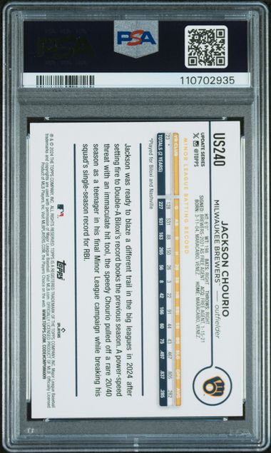 Graded 2024 Topps Update Jackson Chourio #US240 Rookie RC Baseball Card PSA 10 Gem Mint - Sport Cards