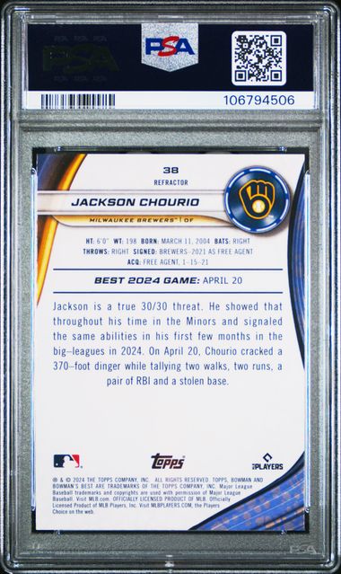 Graded 2024 Topps Bowmans Best Refractor Jackson Chourio #38 Refractor Rookie RC Baseball Card PSA 10 Gem Mint