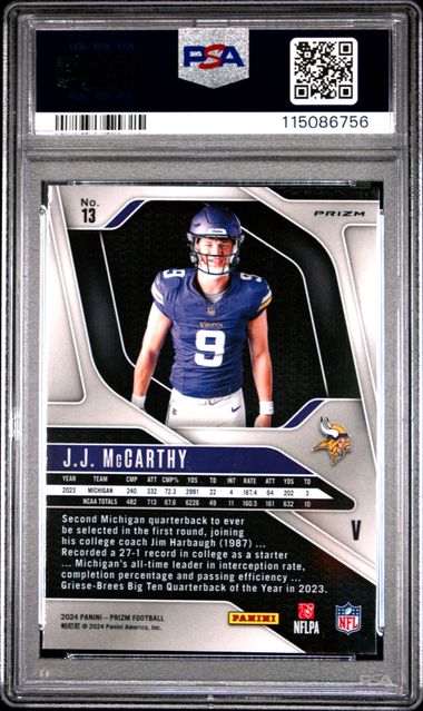 Graded 2024 Panini Prizm Rookie Variation JJ McCarthy #13 Rookie RC Football Card PSA 10 Gem Mint