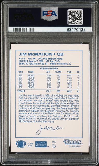 Graded 1988 Kenner Starting Lineup Jim McMahon Football Card PSA 8 NM-MT