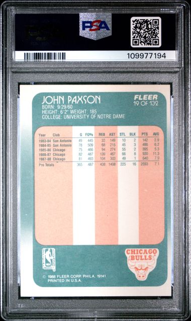 Graded 1988 Fleer John Paxson #19 Basketball Card PSA 6 EX-MT - Sport Cards