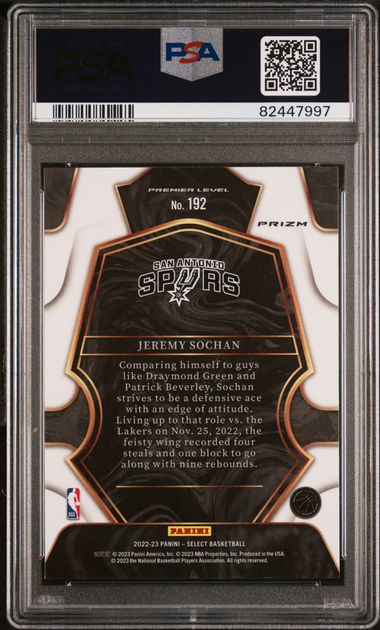 Graded 2022 Panini Select Jeremy Sochan #192 Green/White/Purple Rookie RC Basketball Card PSA 10 Gem Mint - Sport Cards