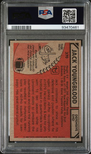 Graded 1980 Topps Jack Youngblood #370 Football Card PSA 5 Excellent