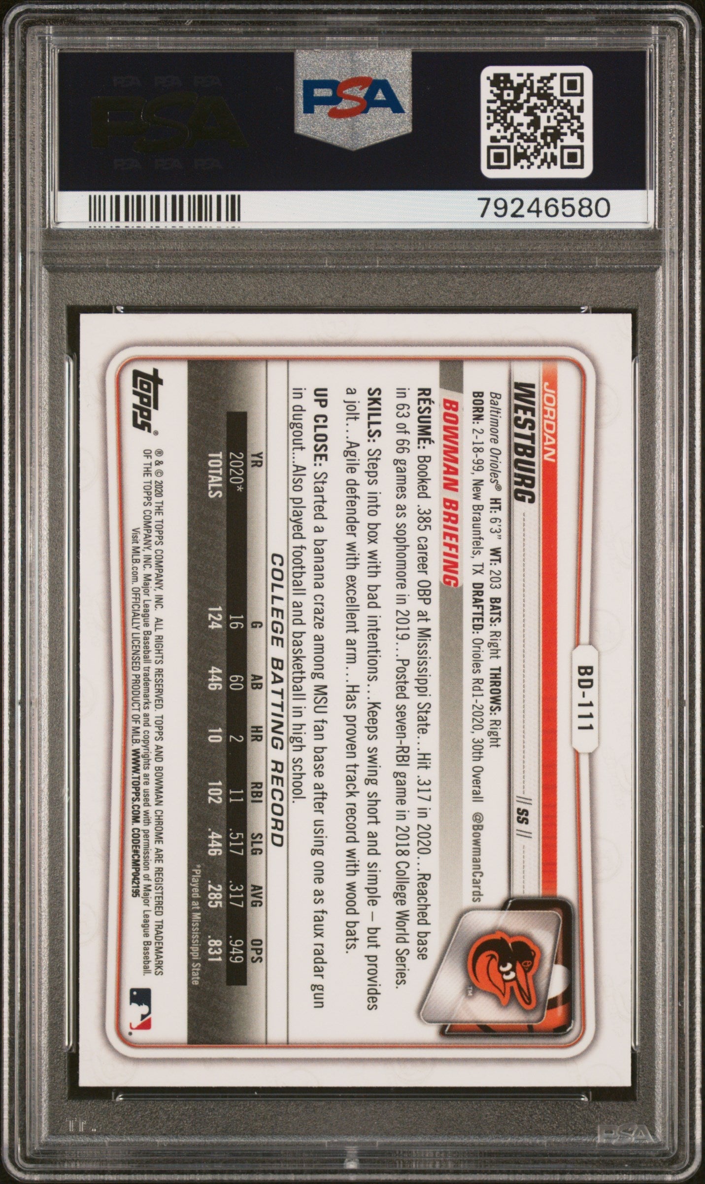 Graded 2020 Topps Bowman Draft Jordan Westburg #BD111 Chrome Rookie RC Baseball Card PSA 10 Gem Mint