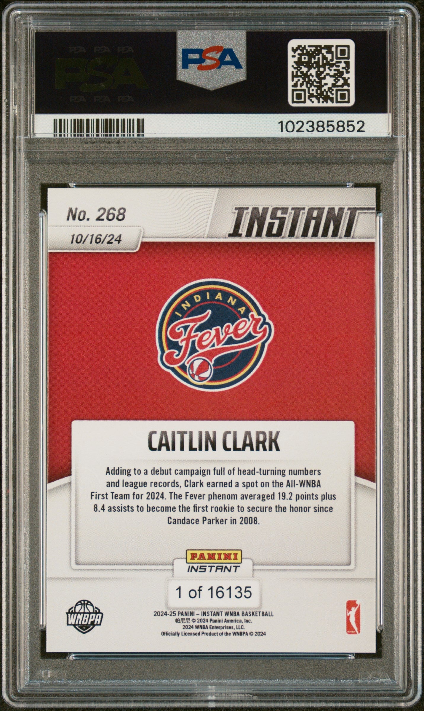 Graded 2024 Panini Instant WNBA Caitlin Clark #268 Rookie RC Basketball Card PSA 10 Gem Mint