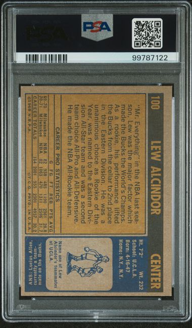 Graded 1971 Topps Lew Alcindor Kareem Abdul-Jabbar #100 Basketball Card PSA 6 EX-MT
