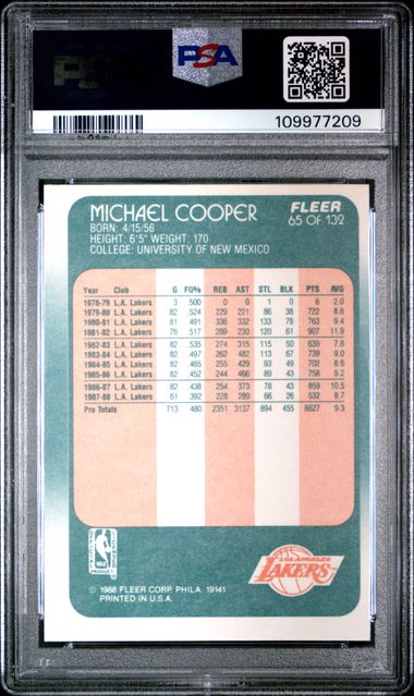 Graded 1988 Fleer Michael Cooper #65 Basketball Card PSA 8 NM-MT - Sport Cards