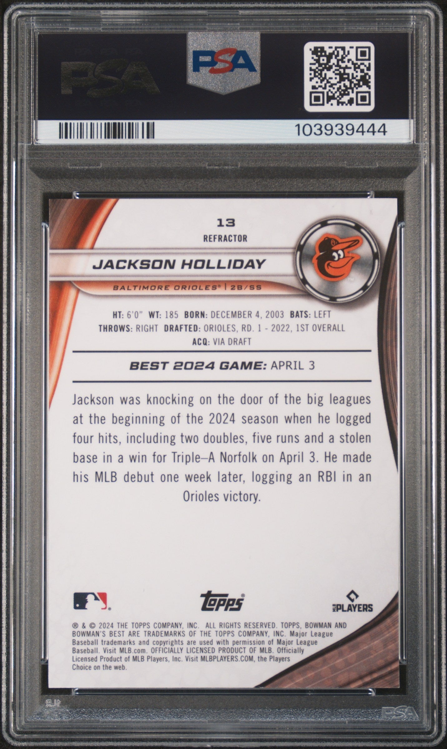 Graded 2024 Topps Bowmans Best Jackson Holliday #13 Refractor Rookie RC Baseball Card PSA 10 Gem Mint