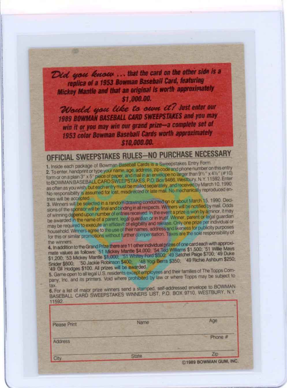 1989 Bowman Insert #6 1953 Mickey Mantle Card