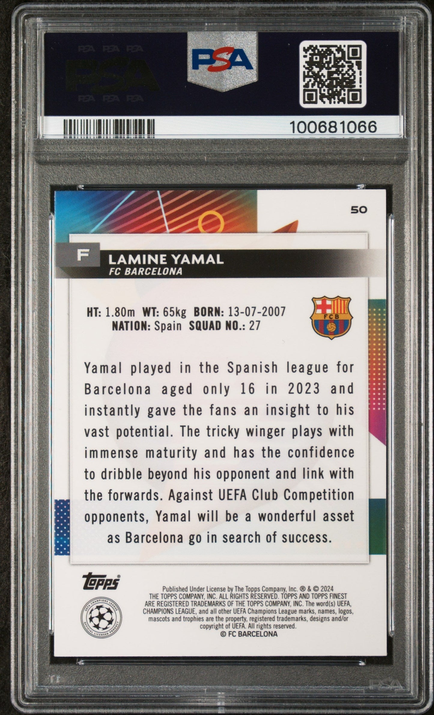 Graded 2023-24 Topps Finest UCC Lamine Yamal #UCC Signed Rookie RC Soccer Card PSA Auto Auth Authentic COA