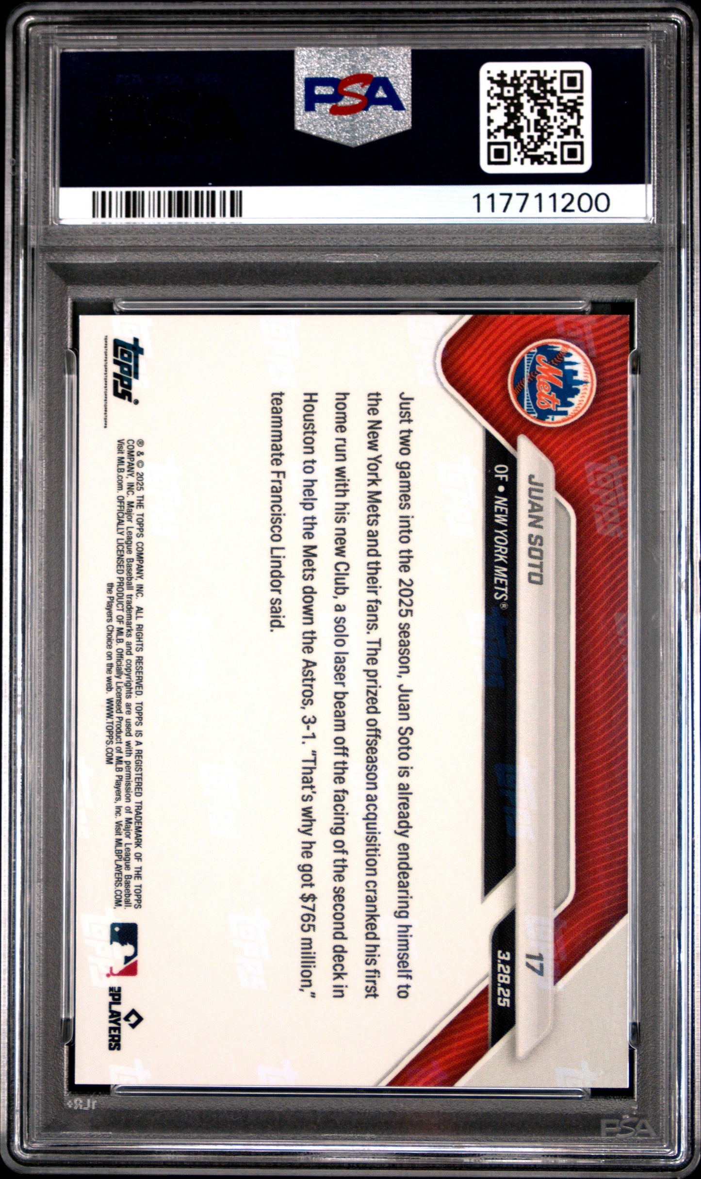 Graded 2025 Topps Now Juan Soto #17 Baseball Card PSA 10 Gem Mint