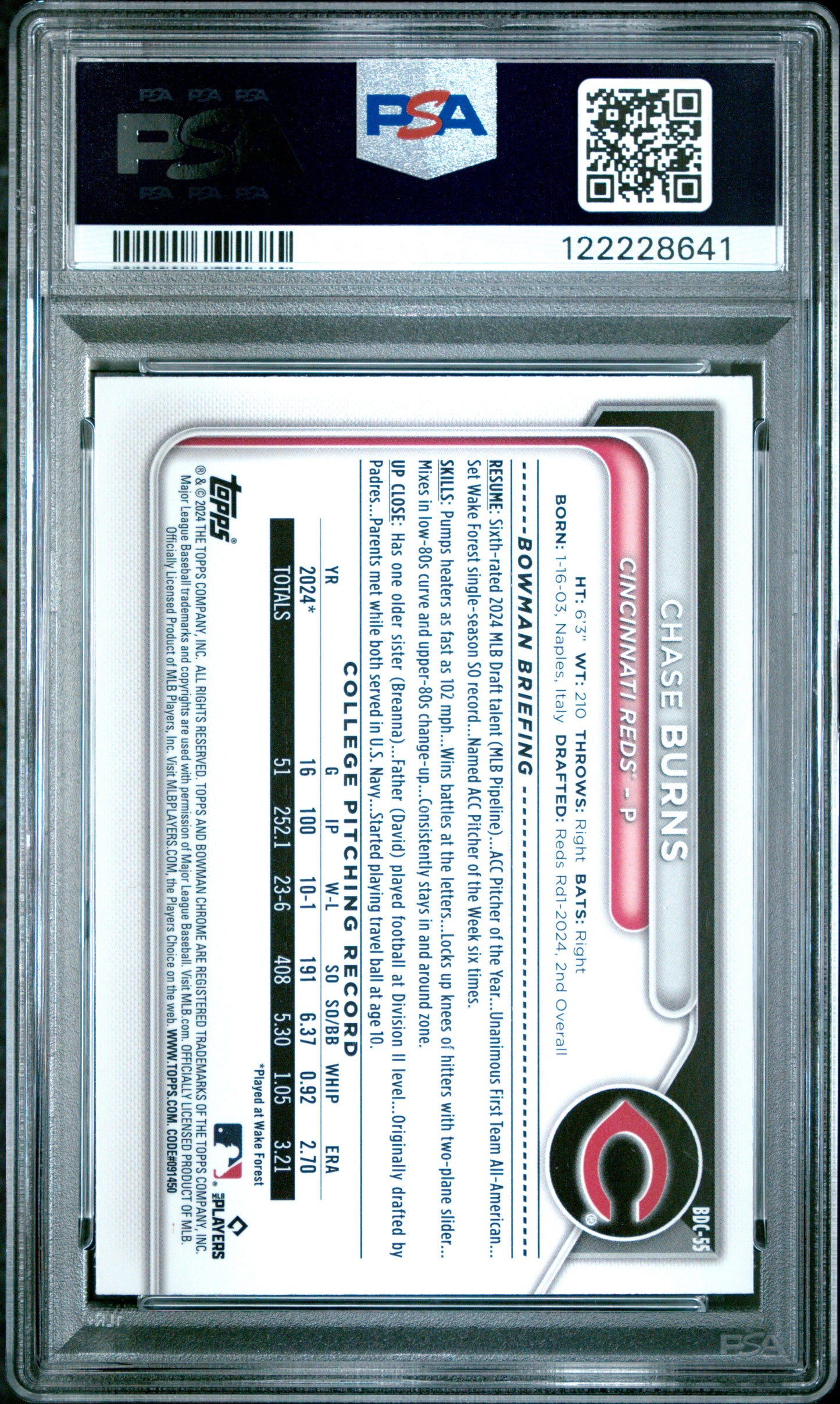Graded 2024 Topps Bowman Draft Chase Burns #BDC55 Chrome Rookie RC Baseball Card PSA 9 Mint