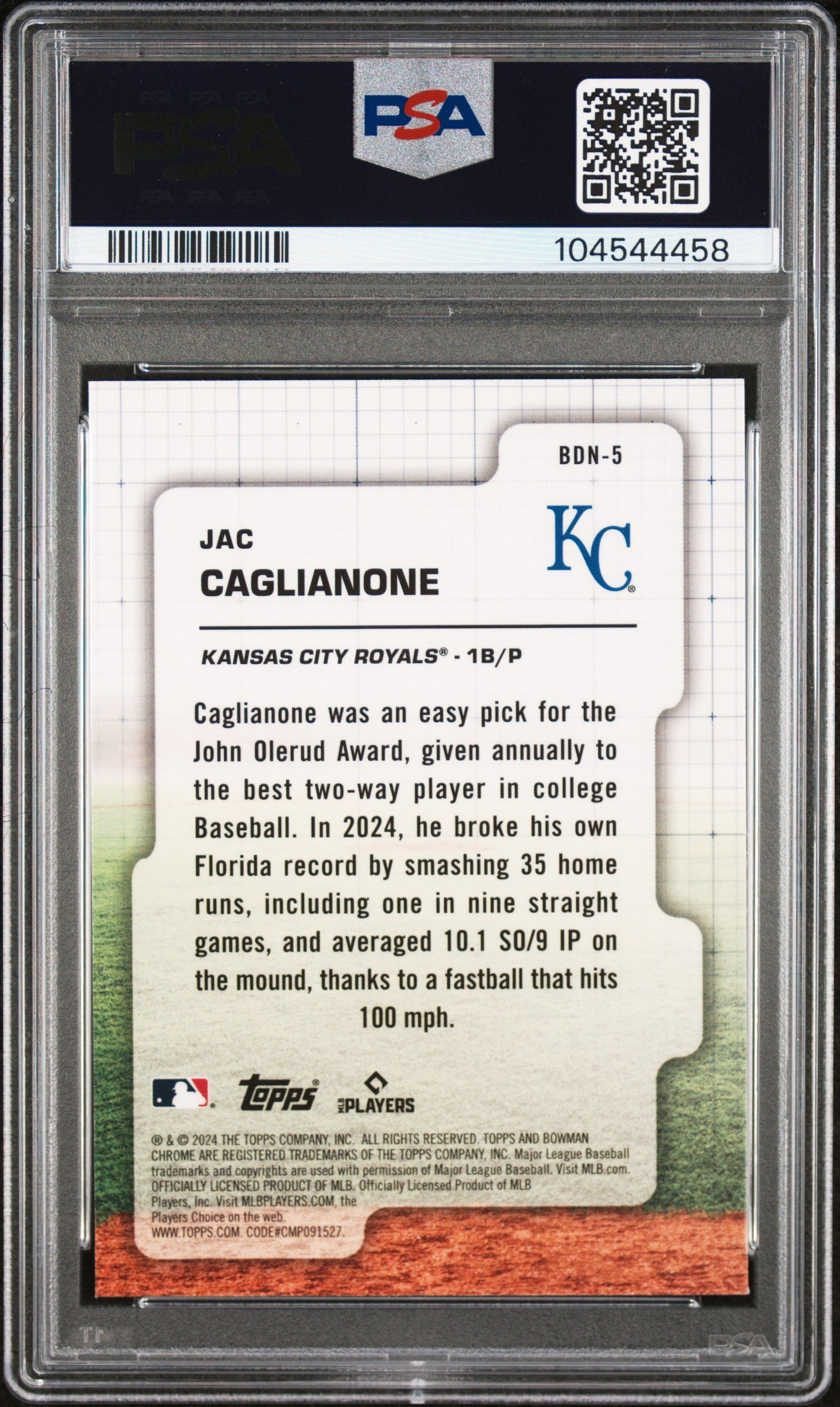 Graded 2024 Topps Bowman Draft Jac Caglianone #BDN5 Draft Night Rookie RC Baseball Card PSA 9 Mint - Sport Cards