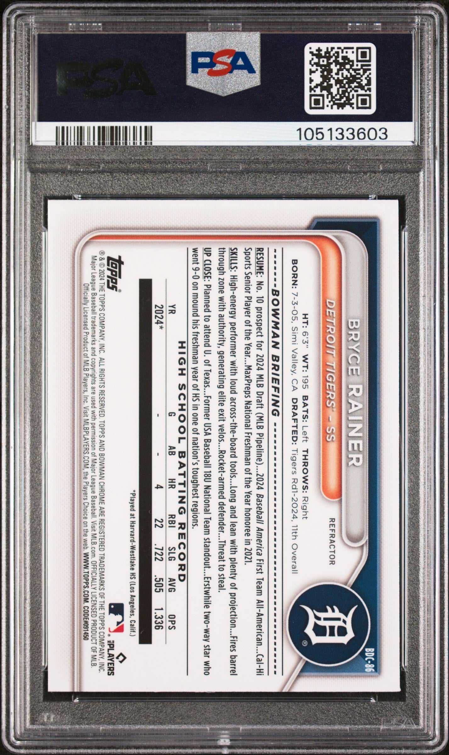 Graded 2024 Topps Bowman Draft Bryce Rainer #BDC86 Chrome Refractor Rookie RC Baseball Card PSA 10 Gem Mint