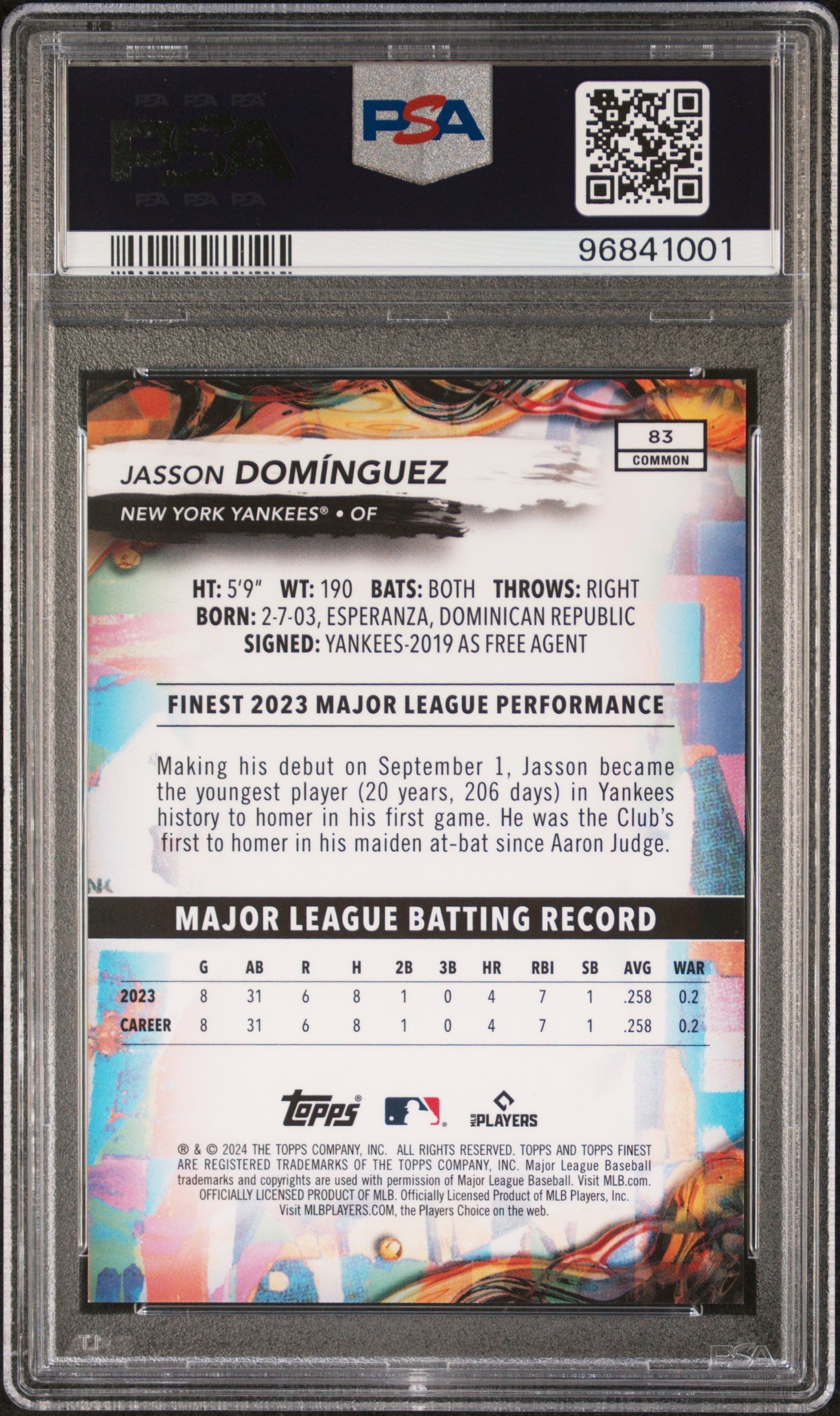 Graded 2024 Topps Finest Jasson Dominguez #83 Purple Refractor #/250 Rookie RC Baseball Card PSA 10 Gem Mint