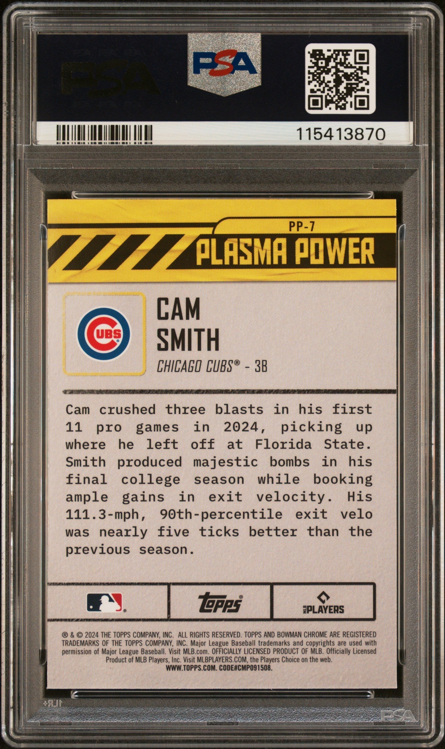 Graded 2024 Topps Bowman Draft Cam Smith #PP7 Plasma Power Rookie RC Baseball Card PSA 9 Mint