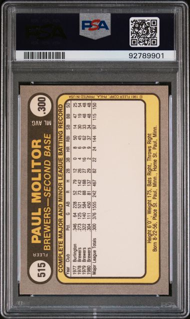 Graded 1981 Fleer Paul Molitor #515 Baseball Card PSA 8 NM-MT - Sport Cards