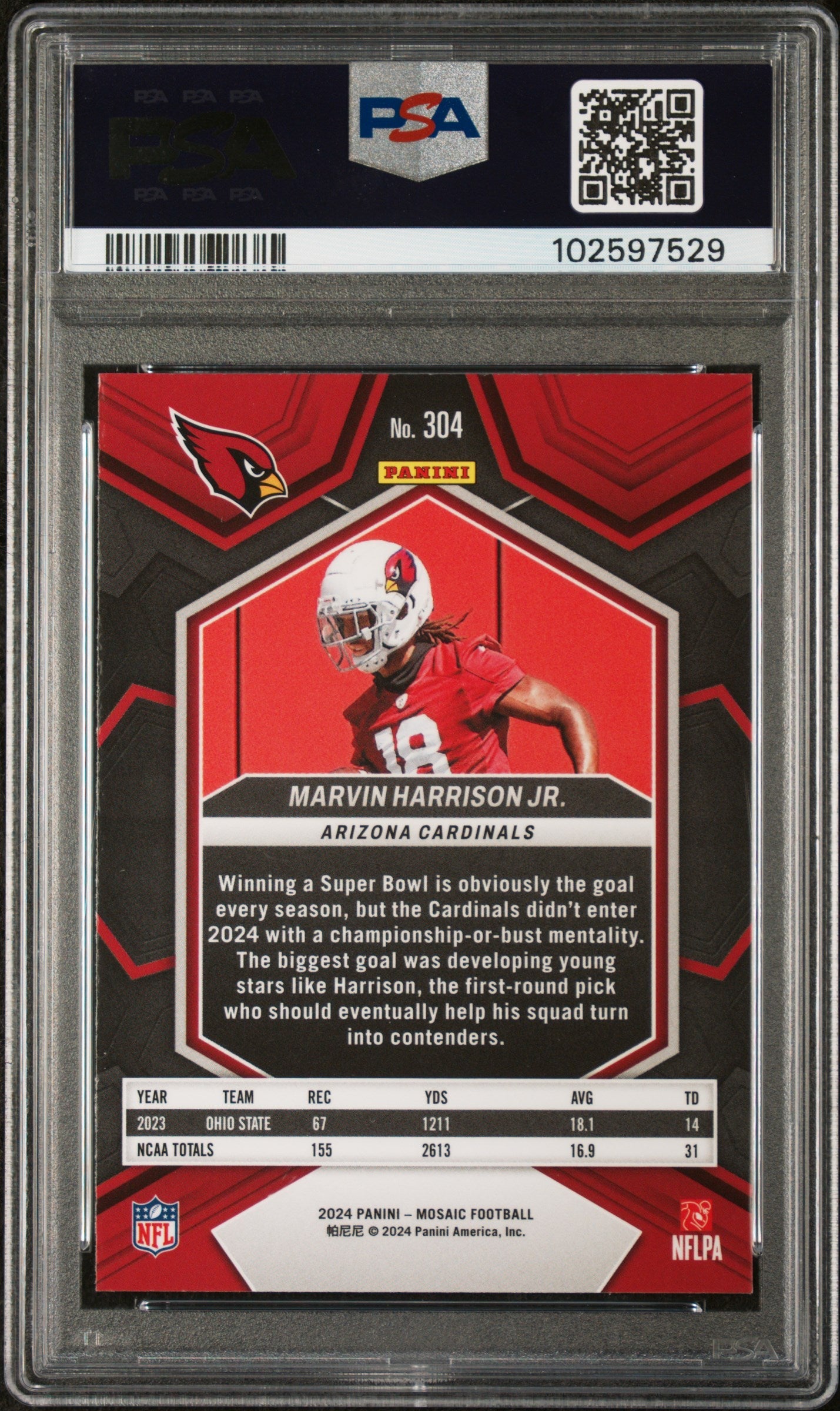 Graded 2024 Panini Mosaic Marvin Harrison Jr #304 Rookie RC Football Card PSA 10 Gem Mint - Sport Cards