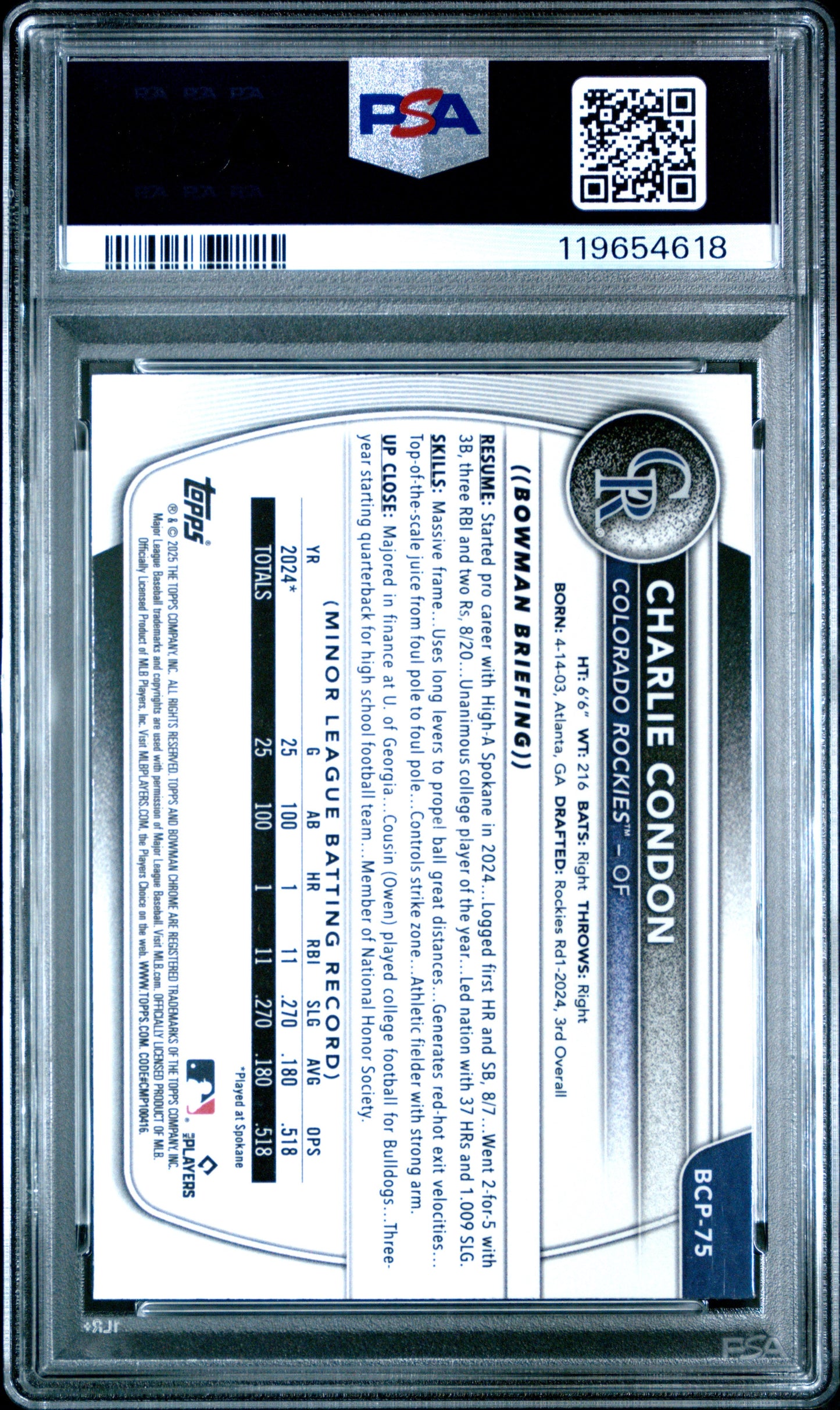 Graded 2025 Topps Bowman Charlie Condon #BCP75 Blue Geometric /150 Rookie RC Baseball Card PSA 10 Gem Mint