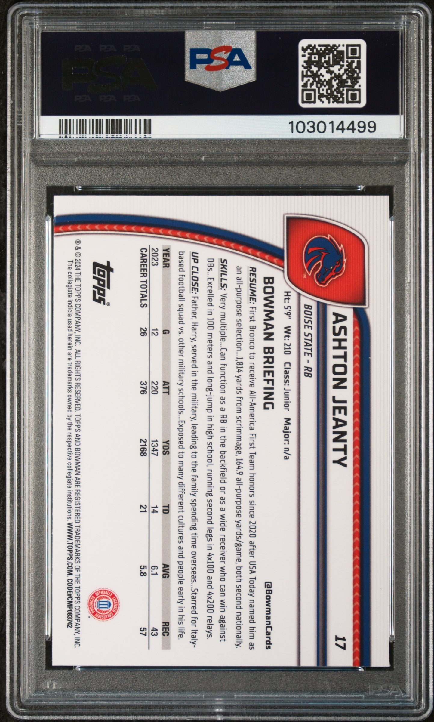 Graded 2024 Topps Bowman U Chrome Ashton Jeanty #17 Rookie RC Football Card PSA 10 Gem Mint