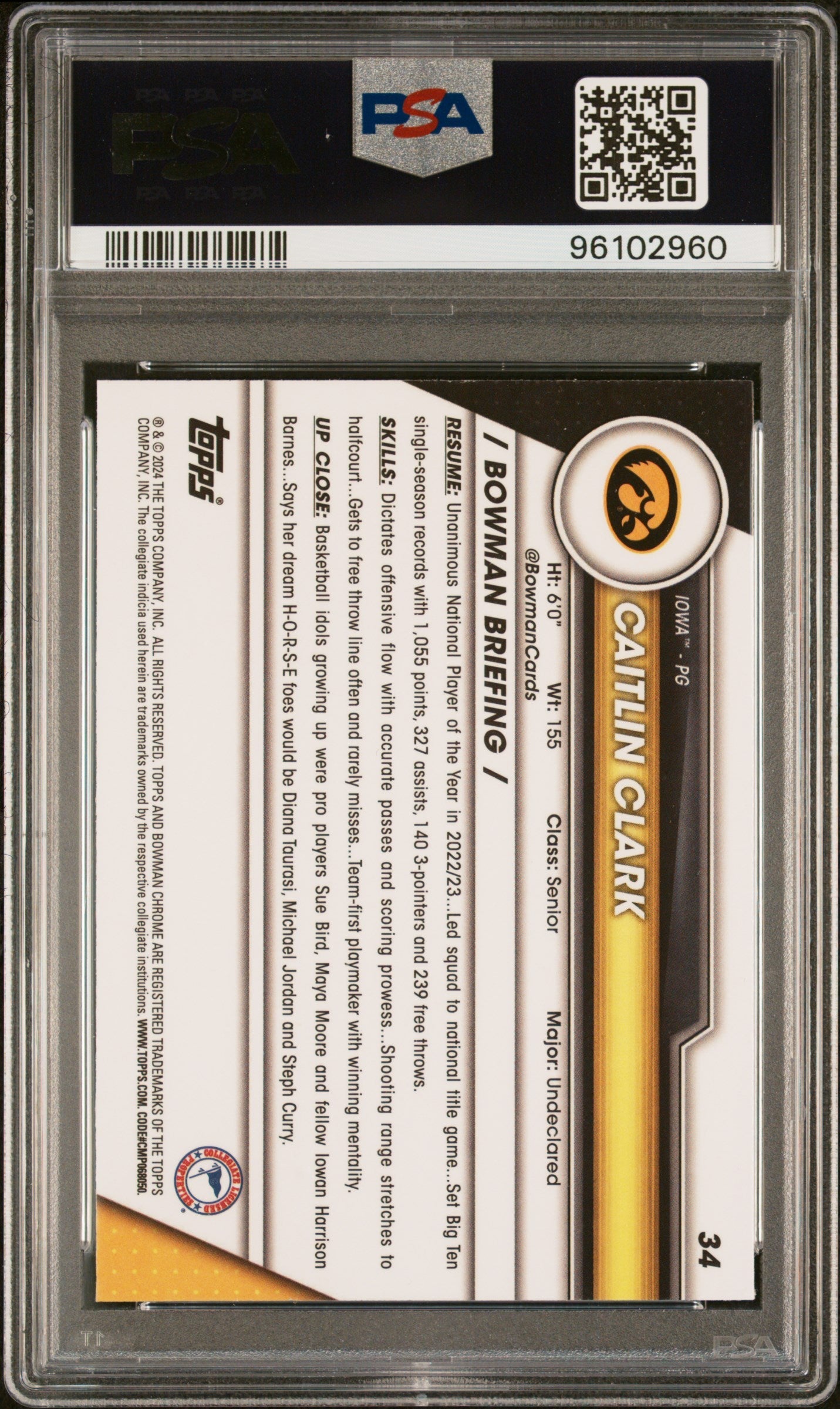 Graded 2023 Topps Bowman U Chrome Caitlin Clark #34 Pink Refractor Rookie RC Basketball Card PSA 10 Gem Mint