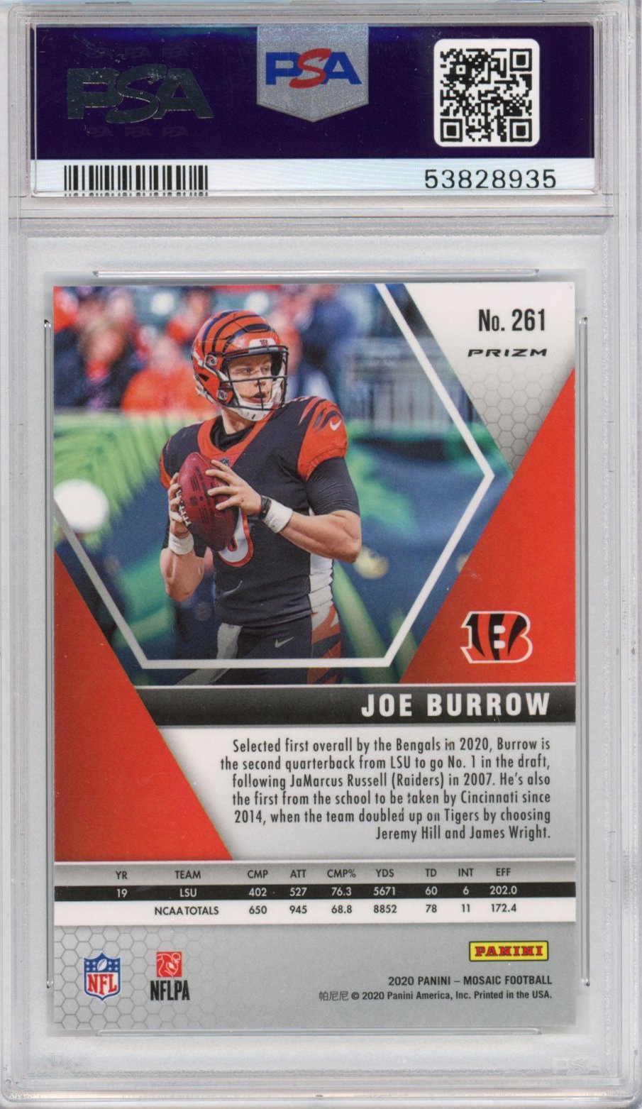 Graded 2020 Panini Mosaic Joe Burrow #261 Mosaic Rookie RC Football Card PSA 10 Gem Mint