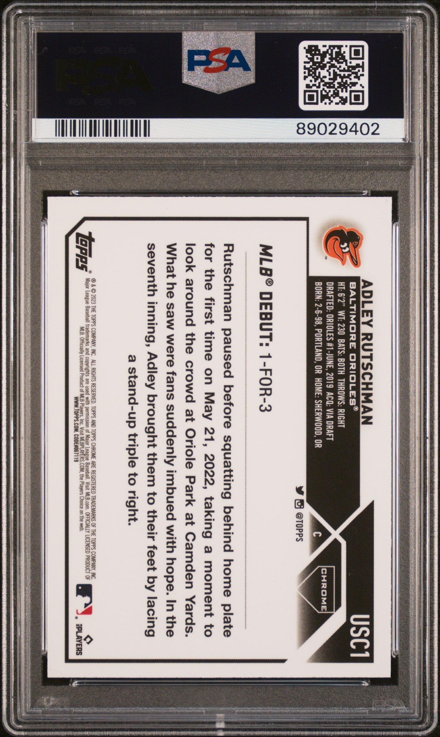 Graded 2023 Topps Chrome Update Adley Rutschman #USC1 Pink Rookie RC Baseball Card PSA 10 Gem Mint