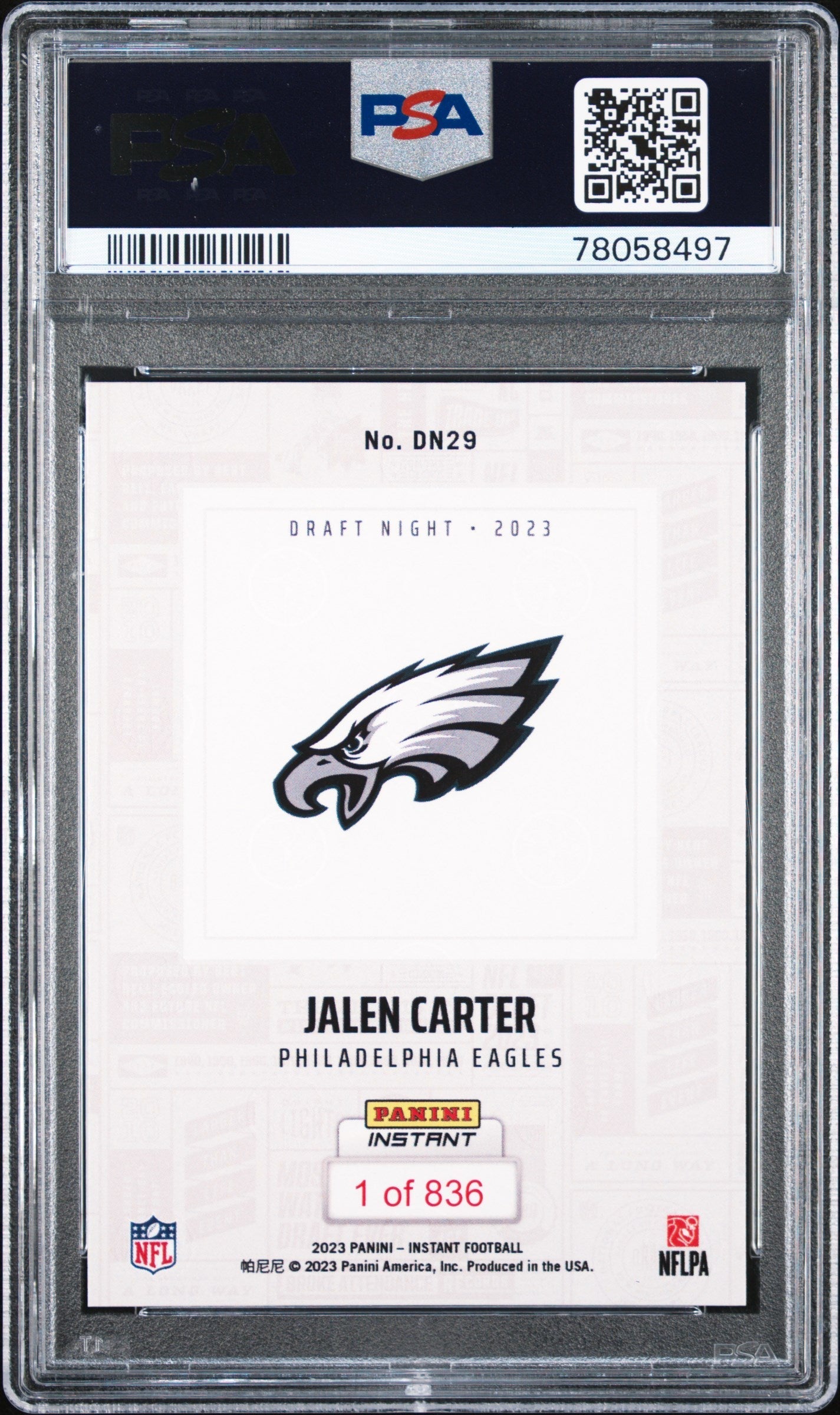 Graded 2023 Panini Instant Jalen Carter #DN29 NFL Draft Night Rookie RC Football Card PSA 10
