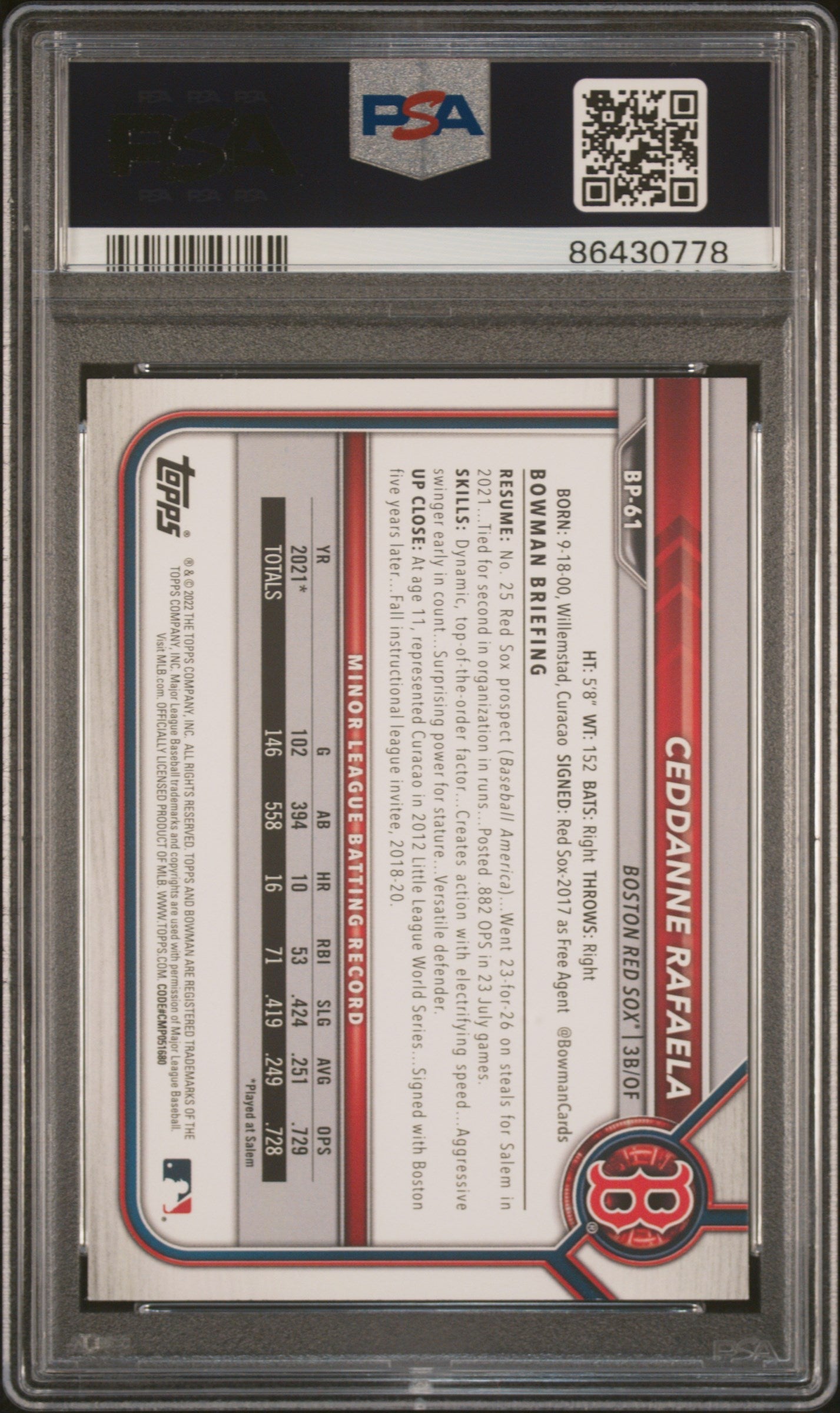 Graded 2022 Topps Bowman Ceddanne Rafaela #BP61 Paper Prospects Rookie RC Baseball Card PSA 10 Gem Mint - Sport Cards