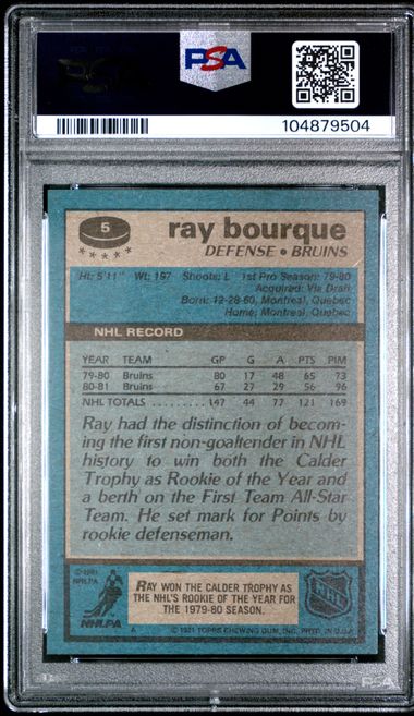 Graded 1981 Topps Ray Bourque #5 2nd Year Hockey Card PSA 9 Mint