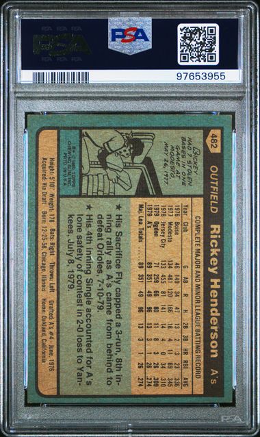 Graded 1980 Topps Rickey Henderson #482 Rookie RC Baseball Card PSA 6 EX-MT - Sport Cards