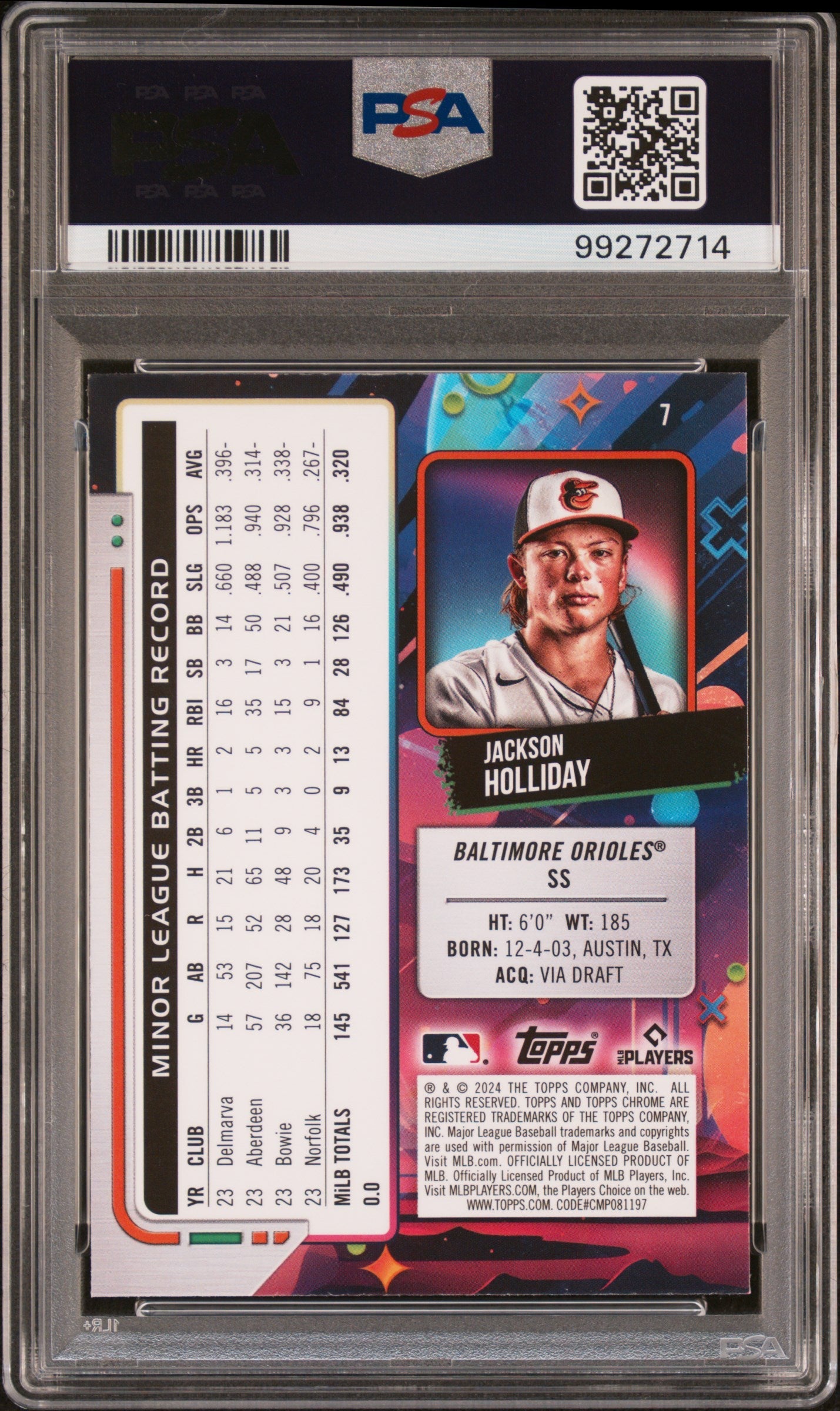 Graded 2024 Topps Cosmic Chrome Jackson Holliday #7 Rookie RC Baseball Card PSA 10 Gem Mint