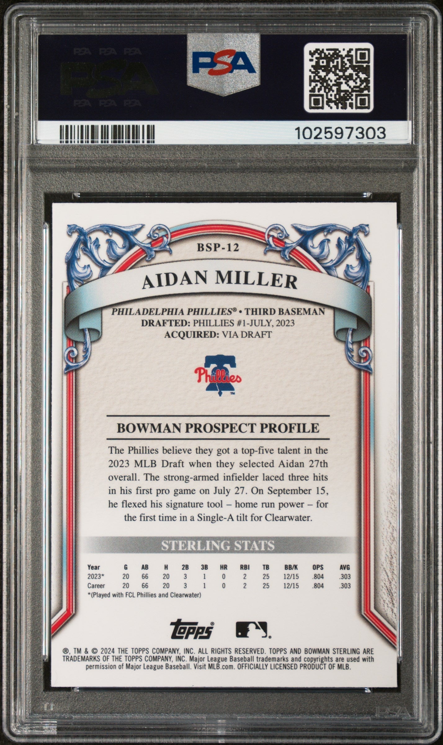 Graded 2024 Topps Bowman Sterling Aidan Miller #BSP12 Prospects Rookie RC Baseball Card PSA 9 Mint