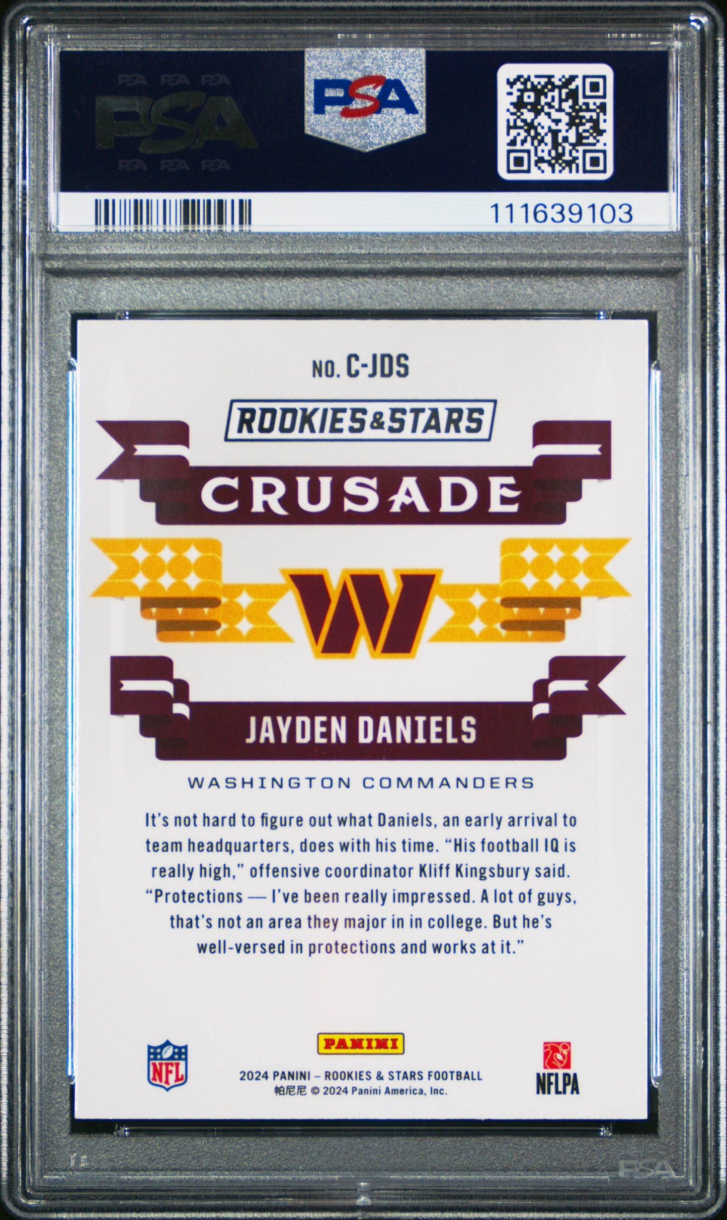 Graded 2024 Panini Rookies & Stars Jayden Daniels #CJDS Crusdade Rookie RC Football Card PSA 10 Gem Mint