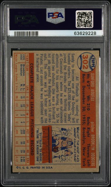 Graded 1957 Topps Sandy Koufax #302 Baseball Card PSA 5 Excellent