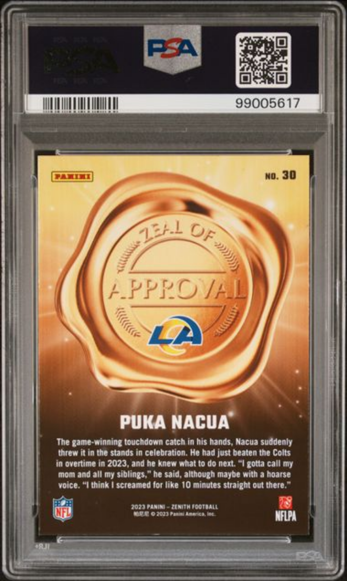 Graded 2023 Panini Zenith Puka Nacua #30 Zeal of Approval Rookie RC Football Card PSA 10 Gem Mint - Sport Cards