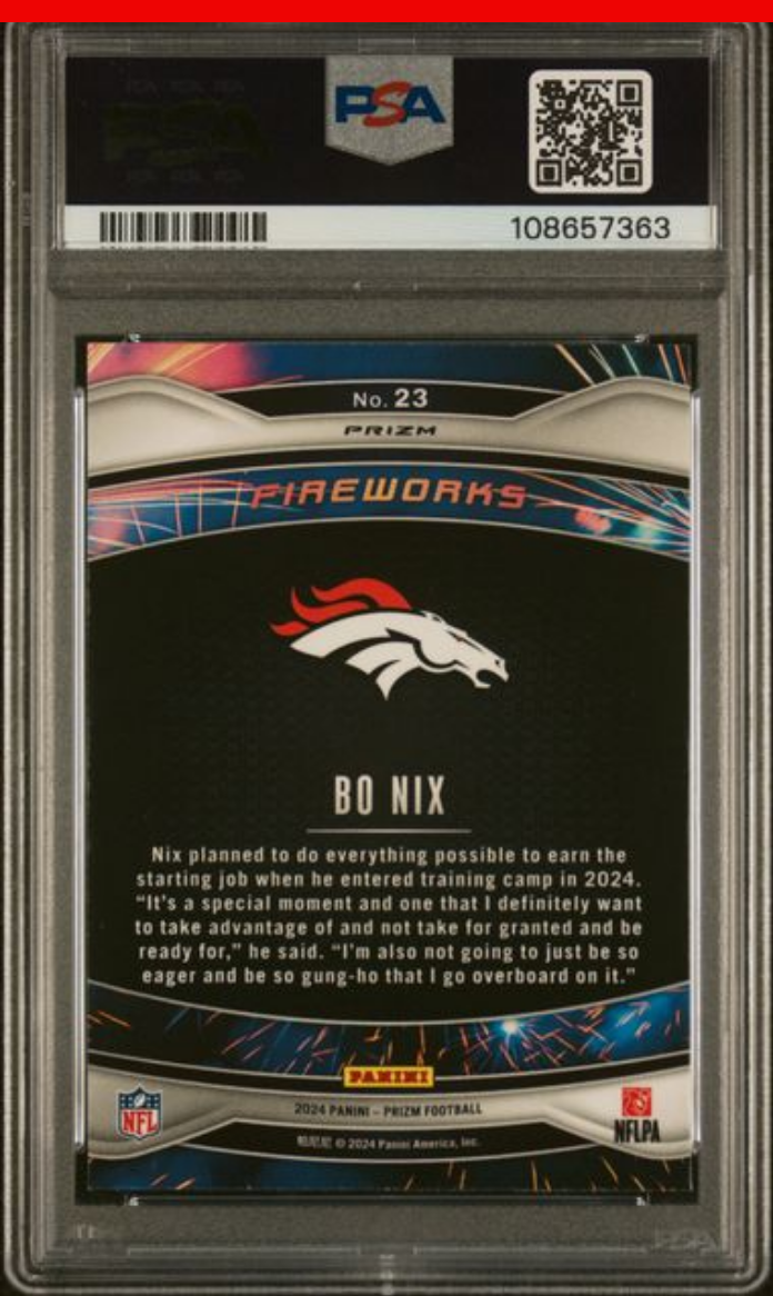 Graded 2024 Panini Prizm Bo Nix #23 Fireworks Green Prizm Rookie RC Football Card PSA 10 Gem Mint - Sport Cards