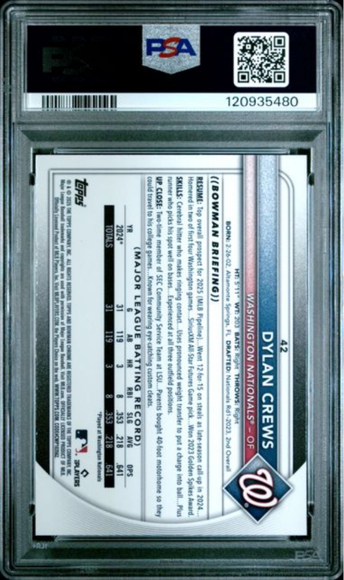 Graded 2025 Topps Bowman Mega Box Dylan Crews #42 Purple Refractor /250 Rookie RC Baseball Card PSA 10 Gem Mint