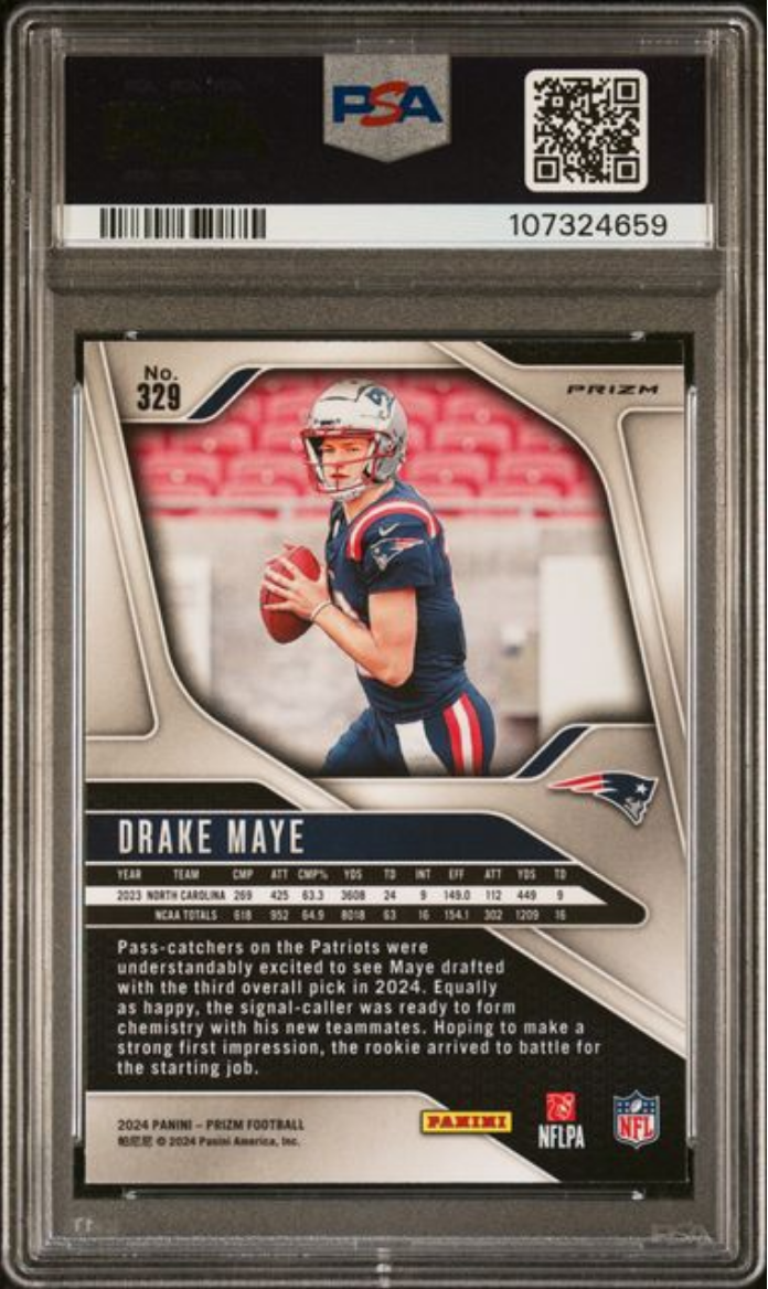 Graded 2024 Panini Prizm Drake Maye #329 Neon Green Pulsar Rookie RC Football Card PSA 10 Gem Mint