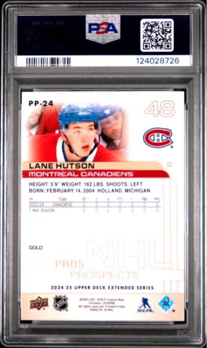 Graded 2024 Upper Deck Lane Hutson #PP24 Pros & Prospects Gold Rookie RC Hockey Card PSA 10 Gem Mint