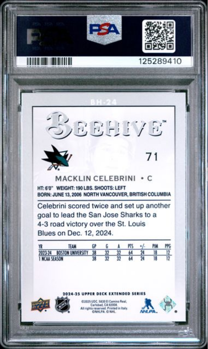 Graded 2024 Upper Deck Macklin Celebrini #BH24 Extended Series Beehive Rookie RC Hockey Card PSA 10 Gem Mint