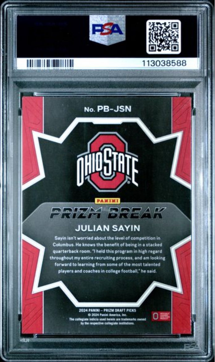 Graded 2024 Panini Prizm Draft Picks Julian Sayin #PBJSN Prizm Break Rookie RC Football Card PSA 10 Gem Mint