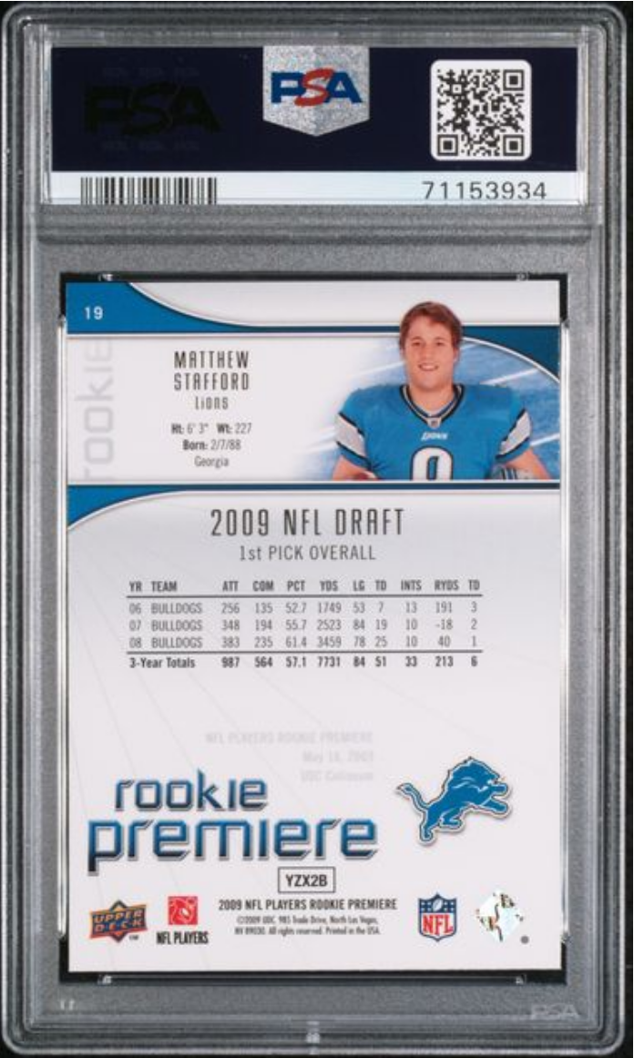 Graded 2009 Upper Deck Rookie Premiere Matthew Stafford #19 Rookie RC Football Card PSA 10 Gem Mint