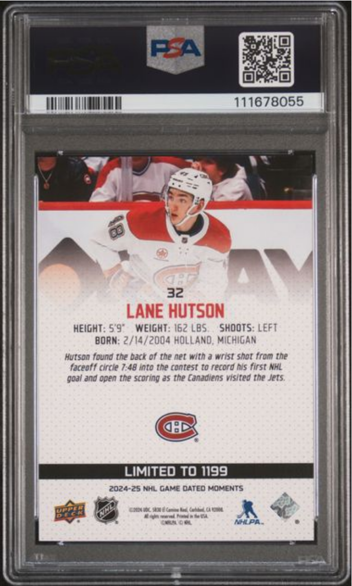 Graded 2024 Upper Deck Lane Hutson #32 Game Dated Moments /1199 Rookie RC Hockey Card PSA 10 Gem Mint
