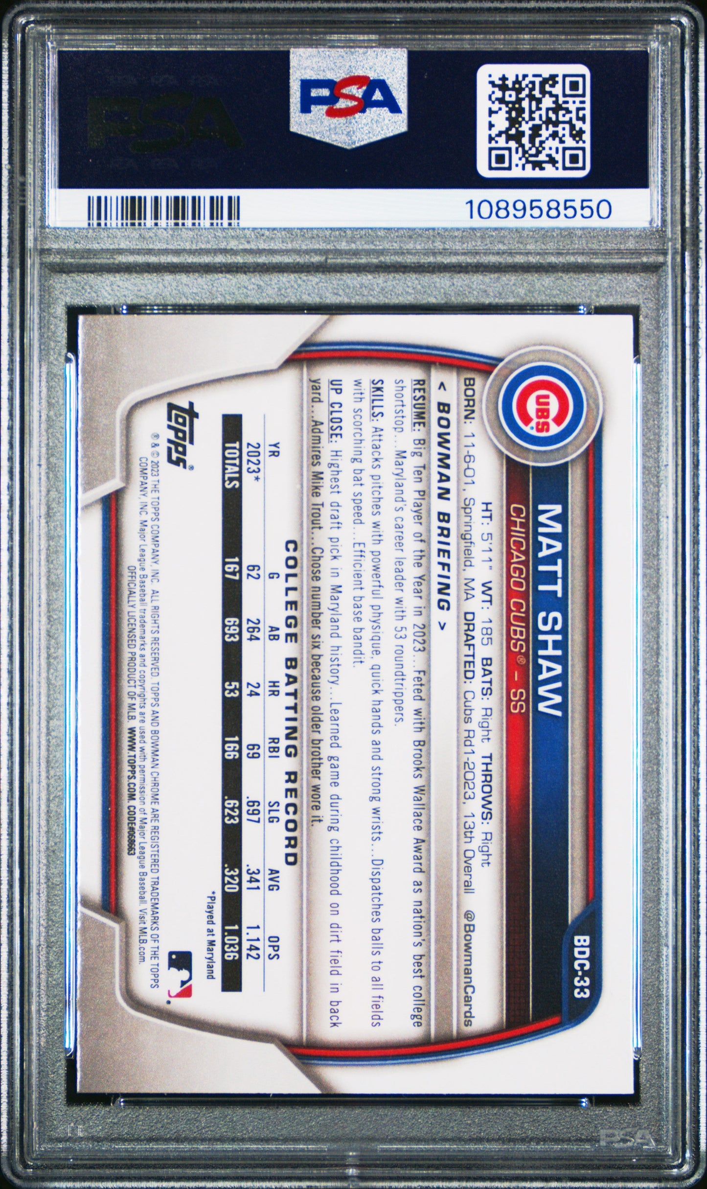 Graded 2023 Topps Bowman Draft Matt Shaw #BDC33 Chrome Rookie RC Baseball Card PSA 10 Gem Mint