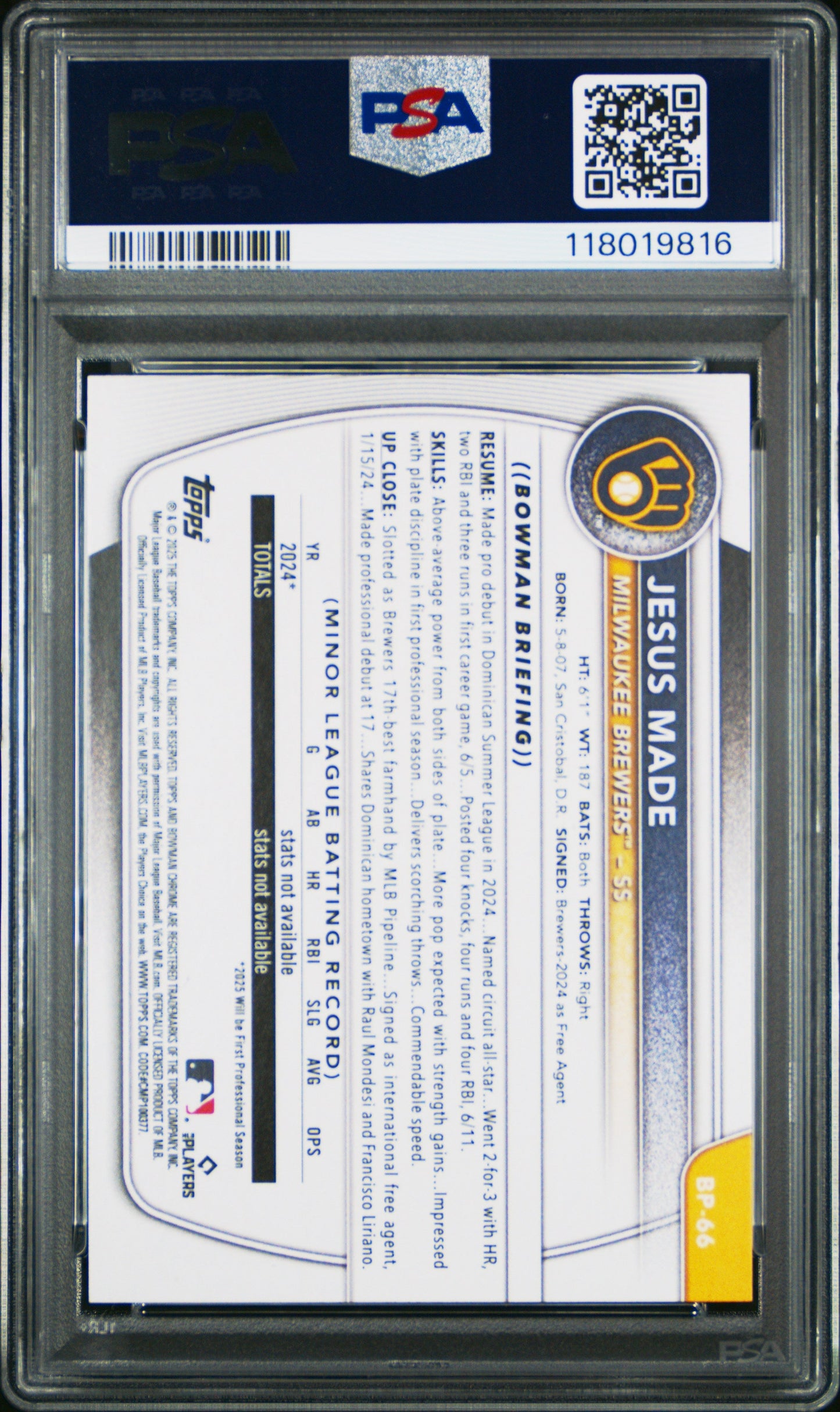 Graded 2025 Topps Bowman Jesus Made #BP66 Paper Prospects Rookie RC Baseball Card PSA 10 Gem Mint