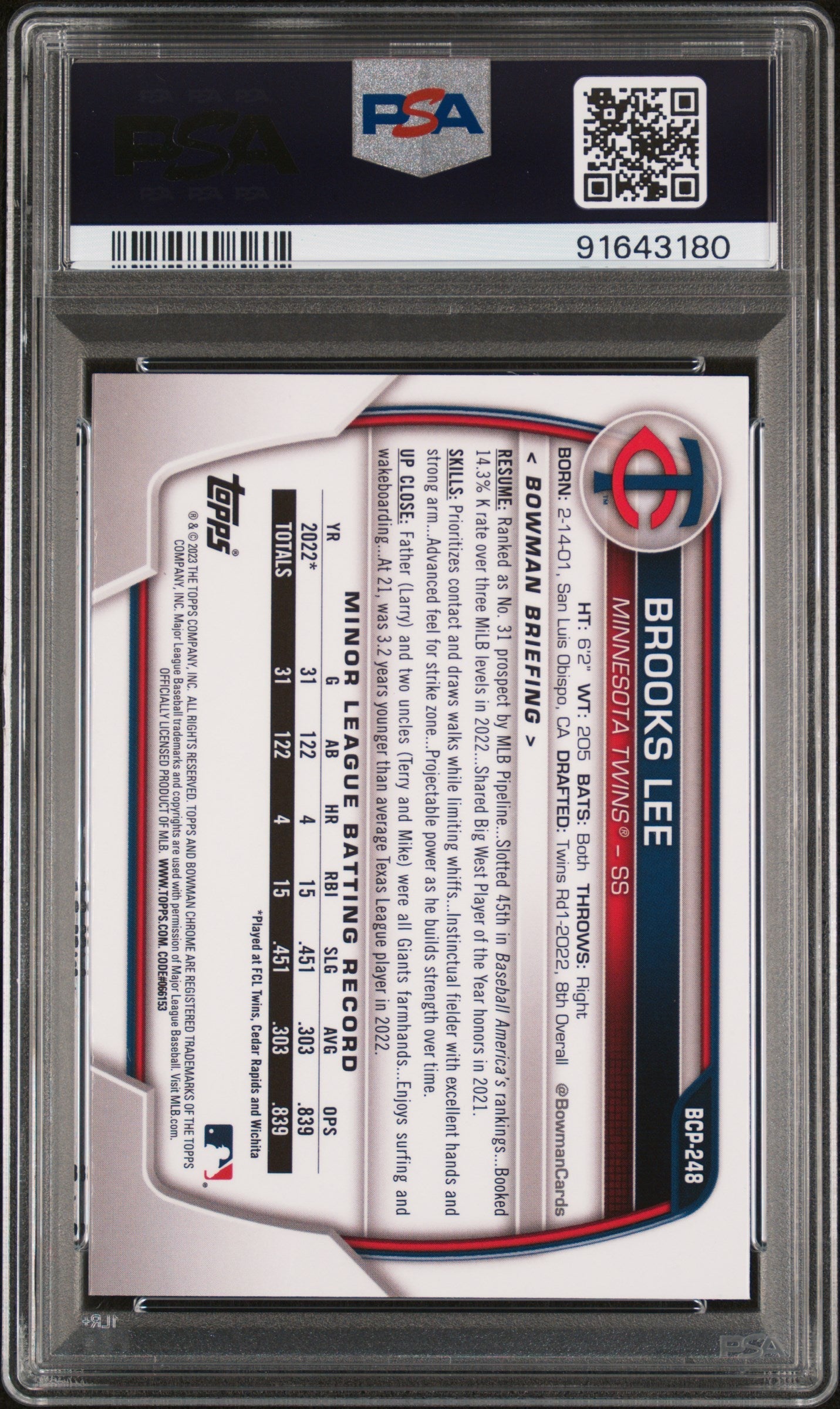 Graded 2023 Topps Bowman Chrome Sapphire Edition Brooks Lee #248 Chrome Rookie RC Baseball Card PSA 10 Gem Mint